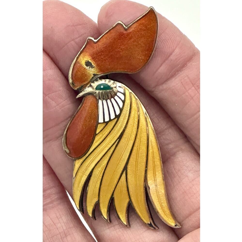 Vintage Ela Denmark 925 Enameled Rooster Brooch Signed (damage On Pin)